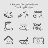 9 reeks van medisch en gezondheidszorg controleren omhoog routine- pictogrammen. vector illustratie. eps 10.