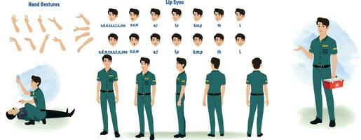 een paramedicus model- vel. mannetje paramedicus keer om vel, Gezondheid arbeider hand- gebaren, lip synchroniseren vector