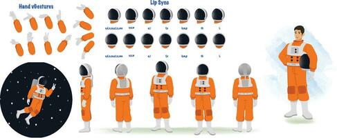 reeks van mannetje astronaut ontwerp. karakter model- vel. voorkant, kant, terug visie geanimeerd karakter. astronaut karakter creatie reeks met divers keer bekeken, poses en gebaren. tekenfilm stijl, vector