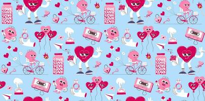 naadloos achtergrond voor Valentijnsdag dag. vector patroon in retro stijl van de jaren 70, jaren 80. schattig Cupido en hart karakters.