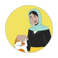 moslim hijab vrouw kinderboerderij kat hoofd 2d lijn vector avatar illustratie. dier vrijwilliger dame met katje schets tekenfilm karakter gezicht. vrouw dierenarts vlak kleur gebruiker profiel beeld geïsoleerd