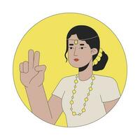 vrede teken meisje met Indisch hoofd sieraden 2d lijn vector avatar illustratie. zuiden Indisch vrouw twee vingers omhoog schets tekenfilm karakter gezicht. selfie nemen vlak kleur gebruiker profiel beeld geïsoleerd