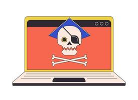 online piraterij Aan laptop vlak lijn concept vector plek illustratie. downloaden auteursrechtelijk beschermd bestanden 2d tekenfilm schets karakter Aan wit voor web ui ontwerp. bewerkbare geïsoleerd kleur held beeld