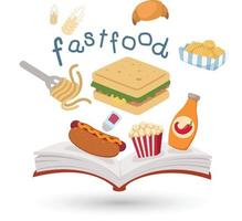 open boek en iconen van fast food. concept van onderwijs vector