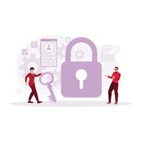 twee bedrijf mensen Holding een sleutel en op slot doen. persoonlijk gegevens bescherming. gegevens bescherming concept. neiging modern vector vlak illustratie