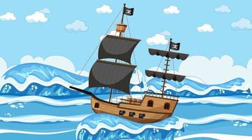 oceaan met piratenschip op dagtijdscène in cartoonstijl vector