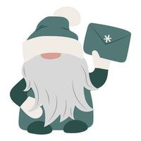 schattig gnoom met lang baard en felicitatie- brief geïsoleerd Aan wit. Scandinavisch tekenfilm karakter met geschenk voor Kerstmis decoratie. fee verhaal dwerg vector