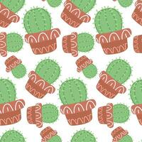 schattig naadloos cactus patroon met fabriek pot Aan wit achtergrond. vector beeld van een ronde, stekelig kamerplant verspreide gedraaid in verschillend routebeschrijving. groen cactus voor het drukken Aan textiel en papier