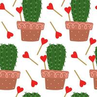 schattig naadloos patroon van een cactus in een pot met een hart Aan een wit. de vector beeld van een stekelig kamerplant is verspreide, gedraaid in verschillend routebeschrijving. groen cactus voor het drukken Aan textiel, papier