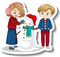 paar kinderen bouwen sneeuwpop stripfiguur sticker vector