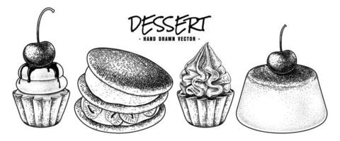 dessert hand getrokken schets vector. cupcakes, dorayaki en pudding vector