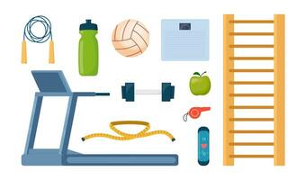 Sportschool sport geschiktheid oefening training uitrusting reeks pictogrammen. loopband, halters, geschiktheid armband, bal, sportschoenen, springen touw, fles, fluit, appel. vector illustratie.