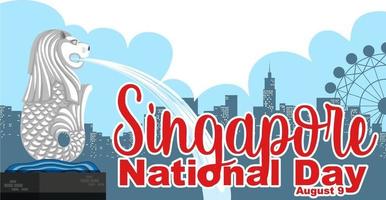 singapore nationale dag lettertype banner met merlion landmark van singapore vector