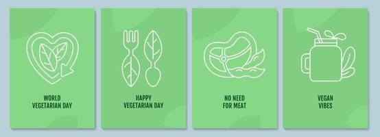 veganisme beweging ansichtkaarten met lineaire glyph icon set vector