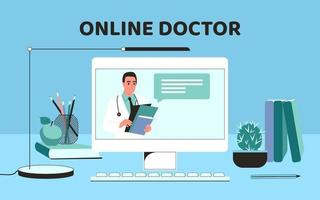online doktersconsult. mannelijke medische werker op het beeldscherm vector