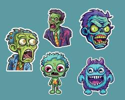 vijf tekenfilm zombie stickers in blauw vector