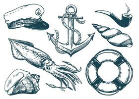 elementen van de leven van een zee visser. anker met een touw, kapitein pet, roken pijp, leven boei, inktvis, zee mosselen. vector illustratie in wijnoogst stijl, gravure effect.