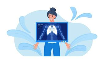 fluorografie tentamen van geduldig in ziekenhuis. röntgenstraal scannen van vrouw. borst x-ray screening. röntgen fotografie, borst radiografie. pulmonologisch inspectie. longen met tuberculose, kanker, astma vector