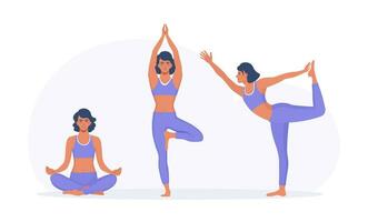 jong vrouw mediteren en zittend in lotus positie. yoga, meditatie, kom tot rust en gezond levensstijl. meisjes beoefenen yoga houding. slank sportief meisje aan het doen geschiktheid opdrachten vector