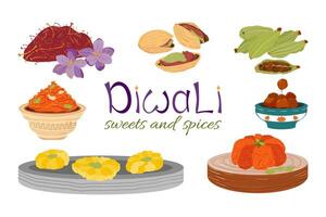 reeks van feestelijk diwali clip art voor ontwerp. diwali mithai, snoepgoed en specerijen. kardemom, saffraan, pistache, gulab jamun, wortel hallo, gajar ka hallo, sooji ka hallo, kesar peda vector