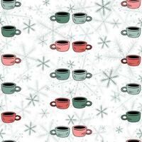 twee schattig winter mokken van koffie of thee en sneeuwvlokken naadloos patroon. hand- getrokken tekening paar- van koffie cups met sneeuwvlokken Aan een wit achtergrond. vector