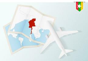 reizen naar myanmar, top visie vliegtuig met kaart en vlag van myanmar. vector
