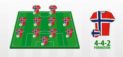 Noorwegen nationaal Amerikaans voetbal team vorming Aan Amerikaans voetbal veld. vector