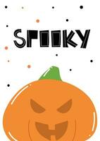 halloween kaart voor kinderen feest. gelukkig halloween. schattig vector tekenfilm groet kaart met boos pompoen. spookachtig hand- getrokken tekst