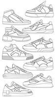 reeks van schoenen sneaker schets tekening vector, sportschoenen getrokken in een schetsen stijl, bundelen sportschoenen trainers sjabloon schets, vector illustratie.