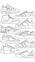 reeks van schoenen sneaker schets tekening vector, sportschoenen getrokken in een schetsen stijl, bundelen sportschoenen trainers sjabloon schets, vector illustratie.