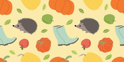 herfst naadloos patronen. patroon met appels, pompoenen, egel en rubber laarzen. kleurrijk oogsten naadloos patroon. herfst oogst illustratie. gebruikt voor papier, omslag, geschenk wrap, kleding stof vector