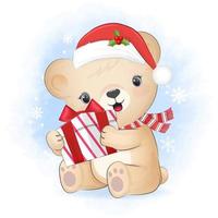 schattige kleine beer met geschenkdoos. winter, kerst illustratie. vector