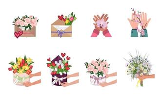een set bloemen in een ronde doos, envelop en in handen vector