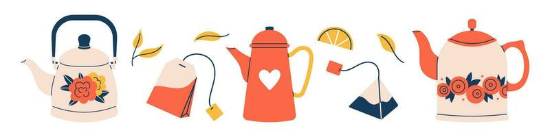 vector wijnoogst thee tijd set. knus verzameling van thee ketels, thee Tassen, bladeren en citroen plak. lang illustratie in rood en geel kleuren.