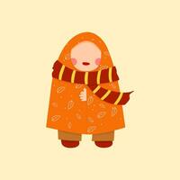 schattig meisje illustratie in winter sjaal en oranje warm trui voelt heel koud. vector