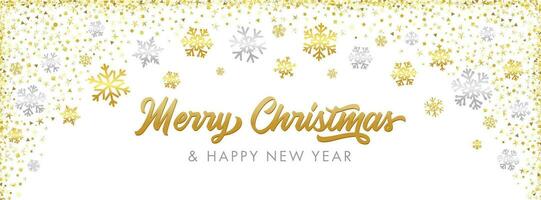 vrolijk Kerstmis schoonschrift met gouden decoratie schitteren stof grens en vallend sneeuwvlokken. elegant banier vector