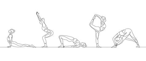 doorlopend een lijn tekening groep van Dames aan het doen yoga. aëroob sport meisje oefening vector