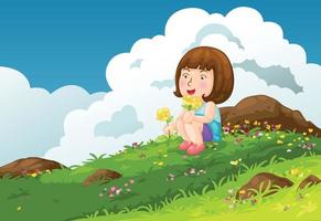 meisje met bloemen bergen landschap achtergrond vector