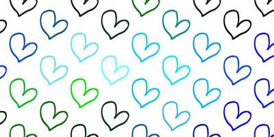 lichtblauwe, groene vectortextuur met mooie harten. vector