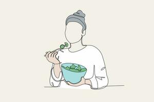 gekleurde illustratie van een vrouw aan het eten salade vector