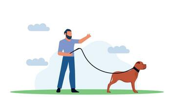 Mens wandelen in park met hond vector illustratie. buitenshuis tekenfilm werkzaamheid met dier huisdier. gelukkig schattig vriend Speel in gras. menselijk kom tot rust vrije tijd natuur achtergrond. vriendschap familie concept