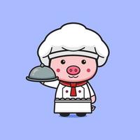schattig varken chef-kok met plaat cartoon pictogram illustratie vector