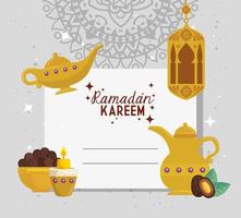 ramadan kareem poster met gebruiksvoorwerpen traditionals vector