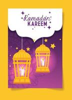 ramadan kareem poster met hangende lantaarns vector