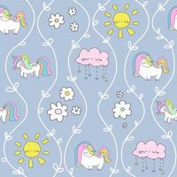 schattige kleine eenhoorn hart bloem zon wolk blauw pastel patroon doodle vector