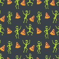 buitenaardse wezens dansen grappig, pizza, naadloos patroon. vector illustratie