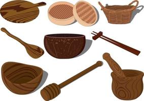 houten keukenaccessoires en servies vector illustratie set