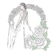 mooie bruid in de buurt van de huwelijksboog en mooie rozen. bruiloft. vector