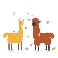 alpaca en lama met bloemen vector