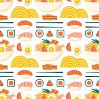 sushi zalm rijst garnalen ramen roll naadloos patroon inpakpapier vector